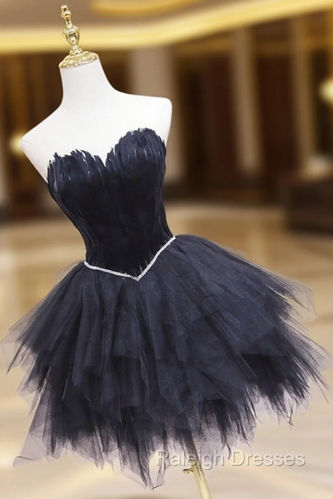Black Tulle Short Prom Dresses with Feather A Line Sweetheart Neckline Prom Dresses