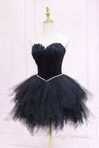 Black Tulle Short Prom Dresses with Feather A Line Sweetheart Neckline Prom Dresses