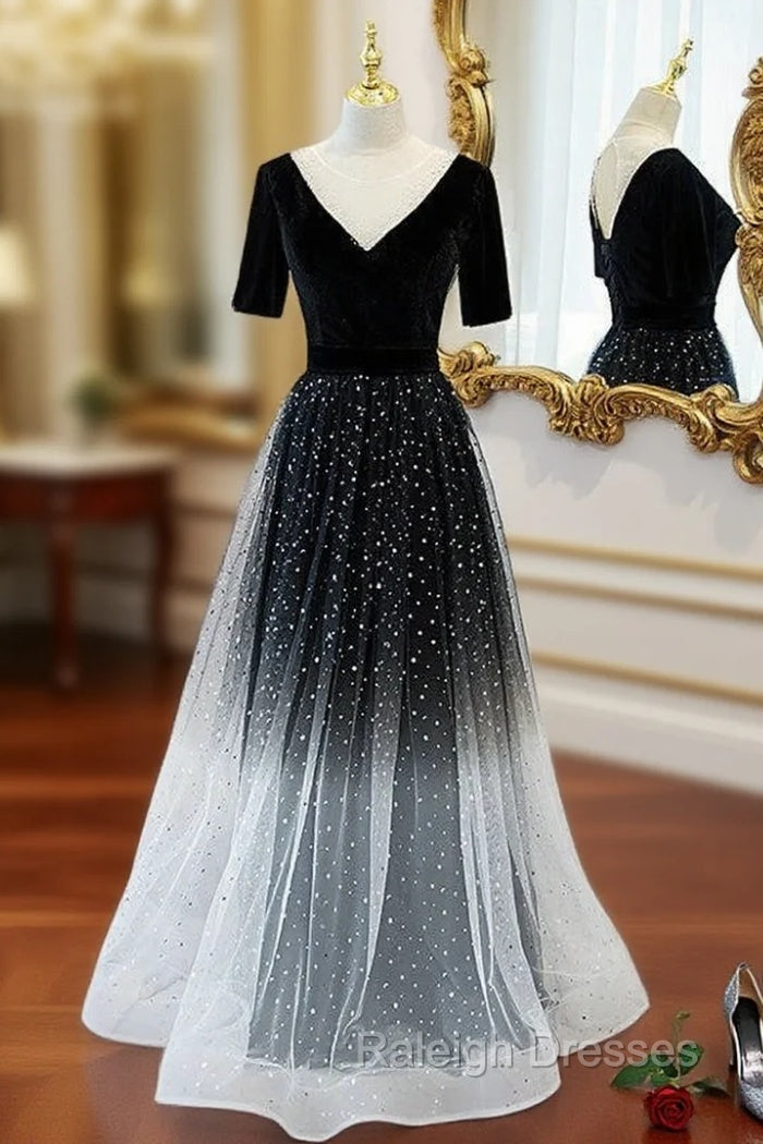 Black Tulle Short Sleeve Backless Prom Dress