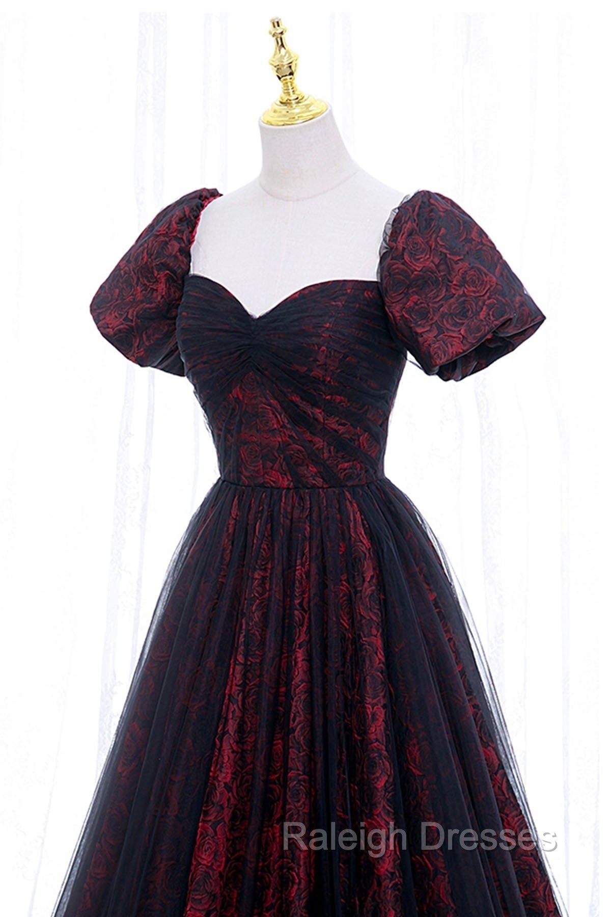 Black Tulle Short Sleeve Formal Evening Dress, Off the Shoulder Prom Dress