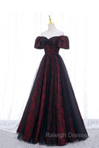 Black Tulle Short Sleeve Formal Prom Dress, Off the Shoulder Prom Dress