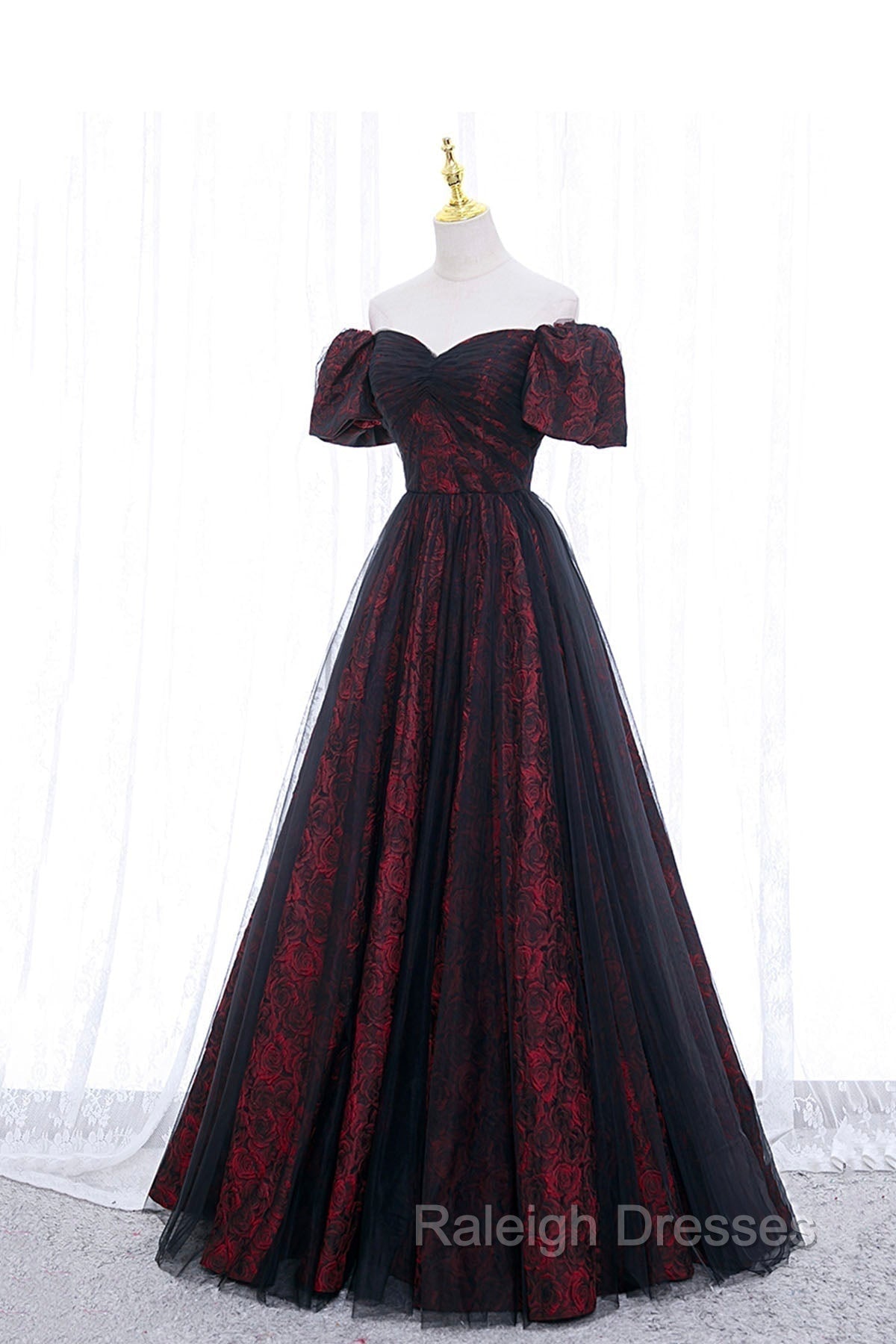 Black Tulle Short Sleeve Formal Prom Dress, Off the Shoulder Prom Dress