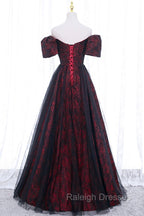 Black Tulle Short Sleeve Formal Prom Dress, Off the Shoulder Prom Dress
