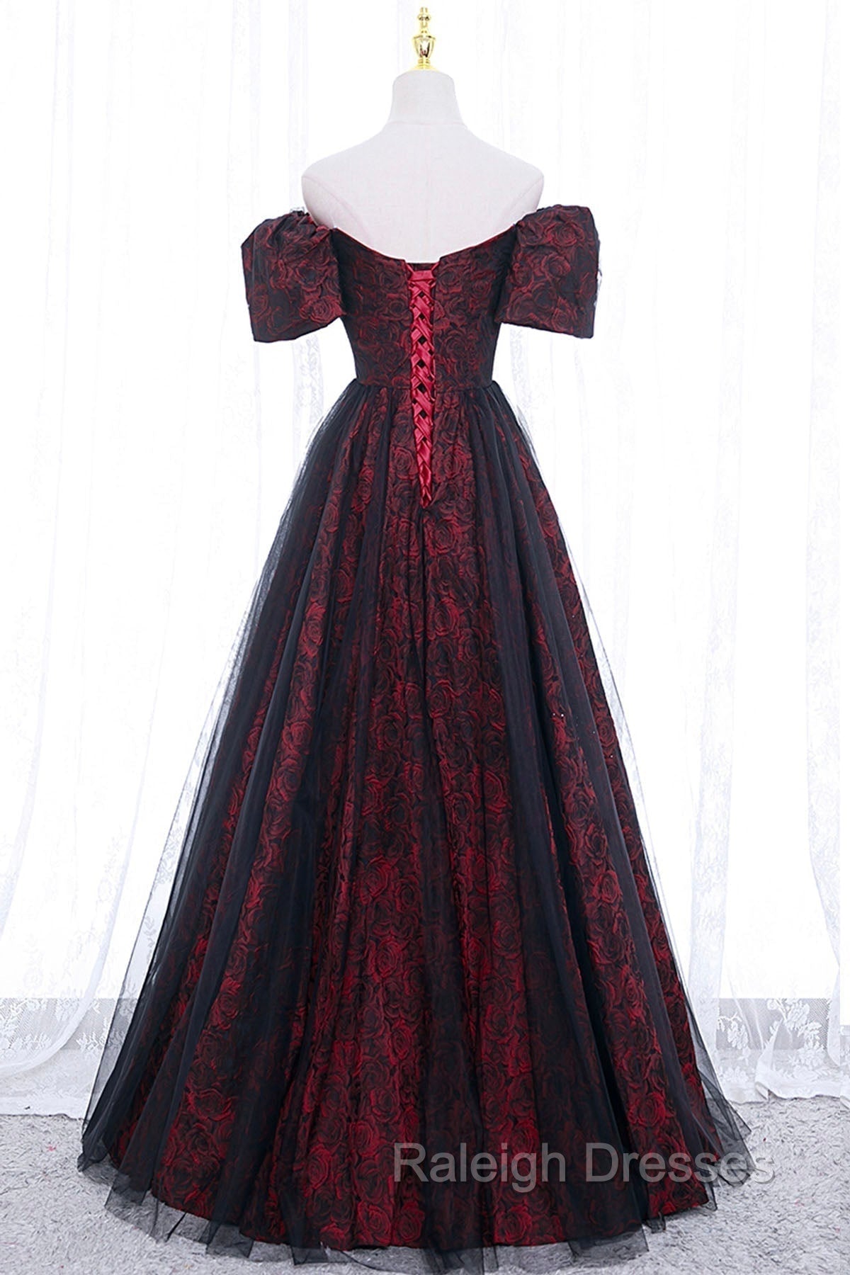 Black Tulle Short Sleeve Formal Prom Dress, Off the Shoulder Prom Dress
