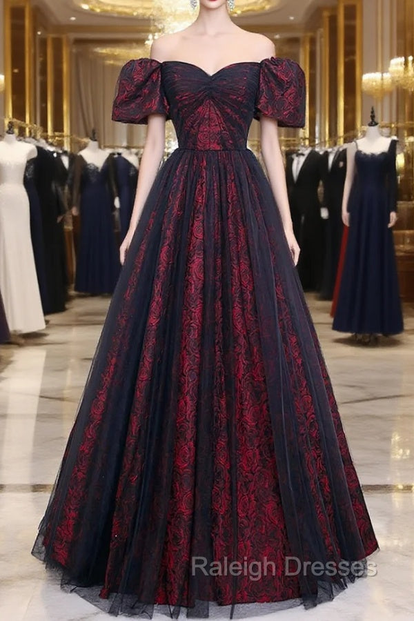 Black Tulle Short Sleeve Formal Evening Dress, Off the Shoulder Prom Dress Main image