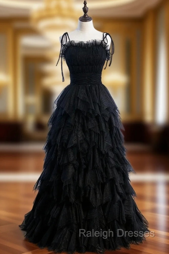 Black Tulle Spagehtti Straps Pleats Tiers Prom Dress