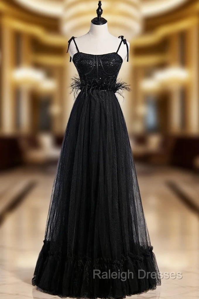 Black Tulle Spagehtti Straps Sequins Feather Prom Dress Main image