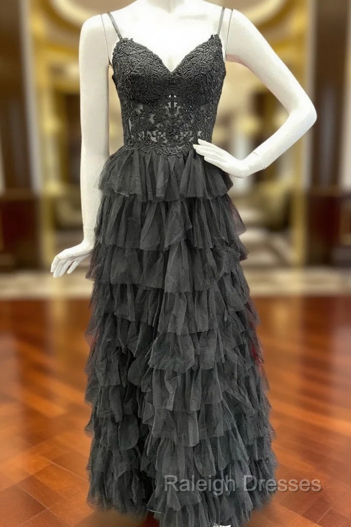 Black Tulle Spaghetti Straps Appliques Prom Dress Main image