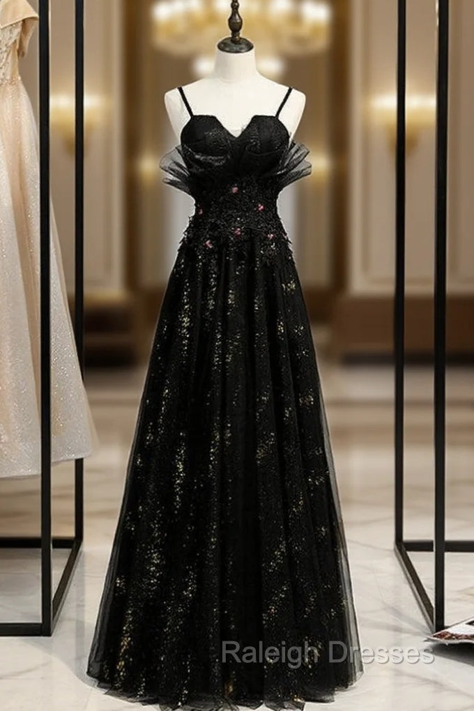 Black Tulle Spaghetti Straps Appliques Prom Dress