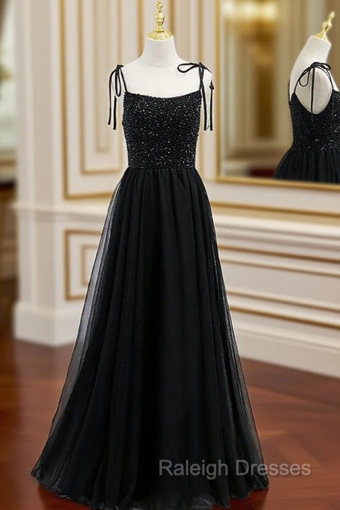 Black Tulle Spaghetti Straps Beading Prom Dress Main image