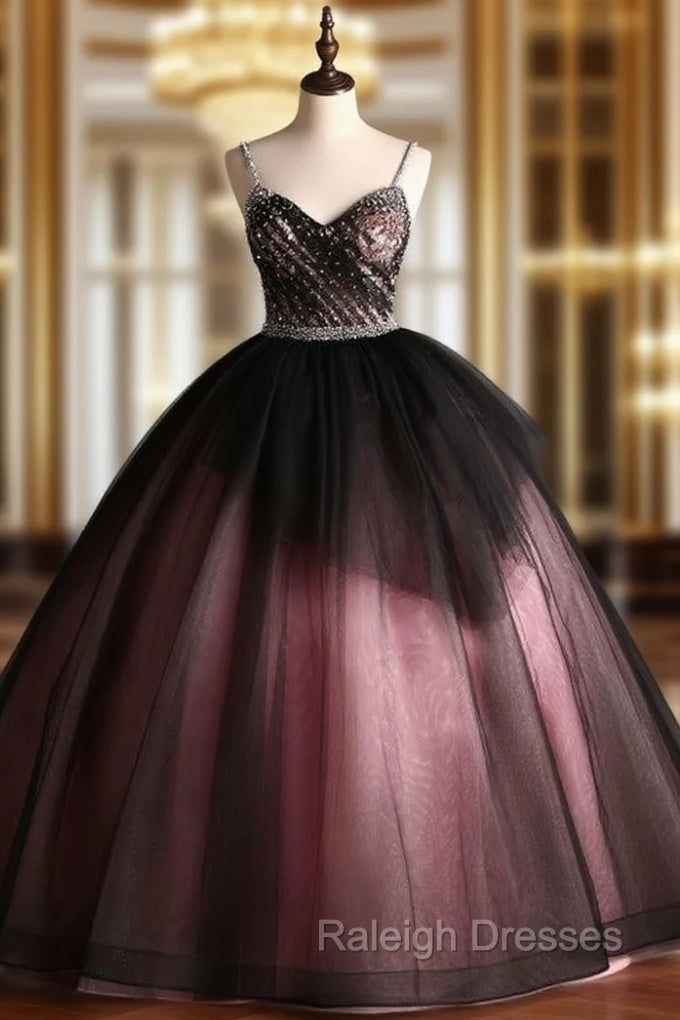 Black Tulle Spaghetti Straps Embroidery Beading Quinceanera Dress Main image