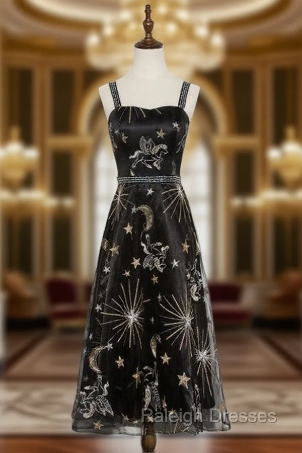 Black Tulle Spaghetti Straps Embroidery Tea Length Prom Dress