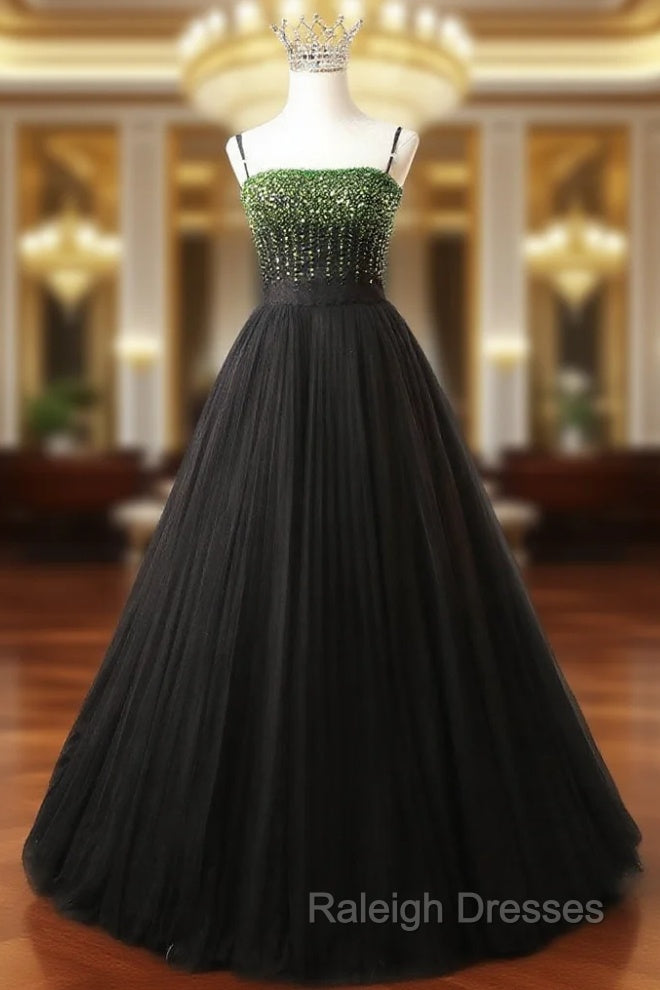 Black Tulle Spaghetti Straps Green Beading Prom Dress Main image