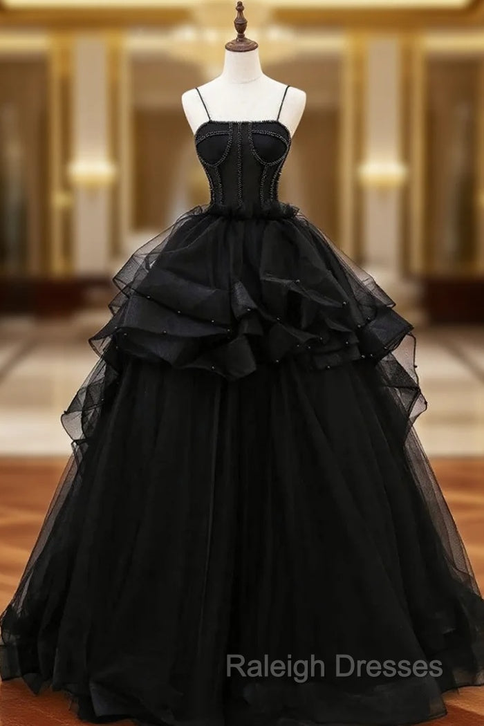 Black Tulle Spaghetti Straps Prom Dresses