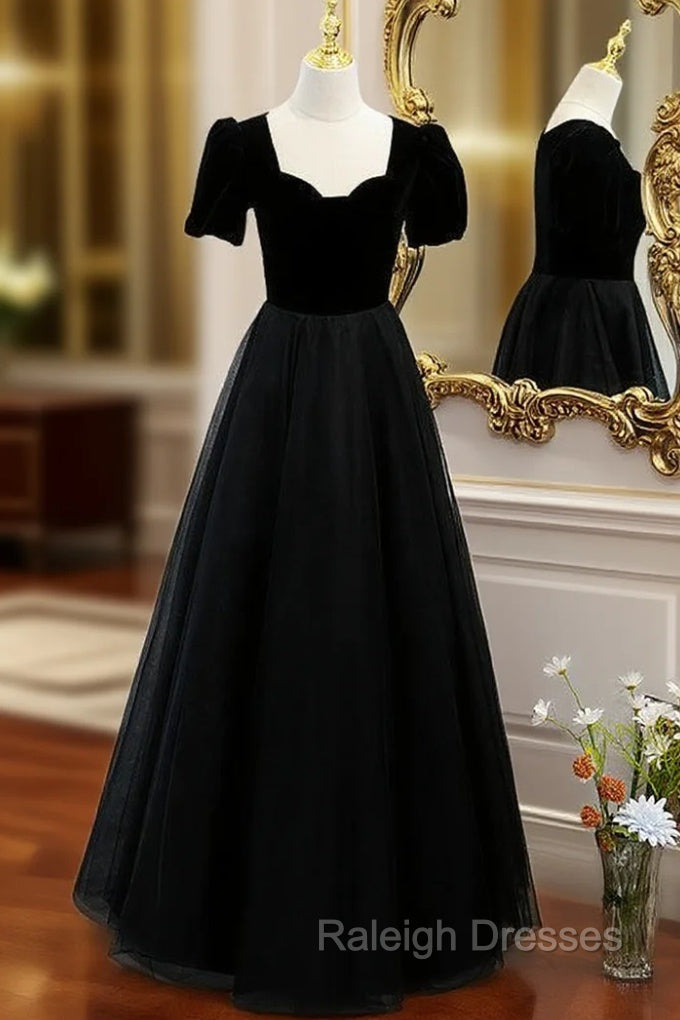 Black Tulle Square Short Sleeve Square Prom Dresses Main image