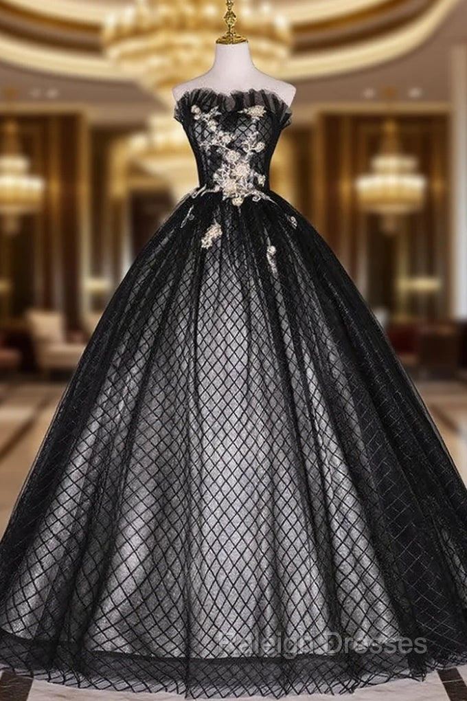 Black Tulle Strapless Appliques Quinceanera Dress