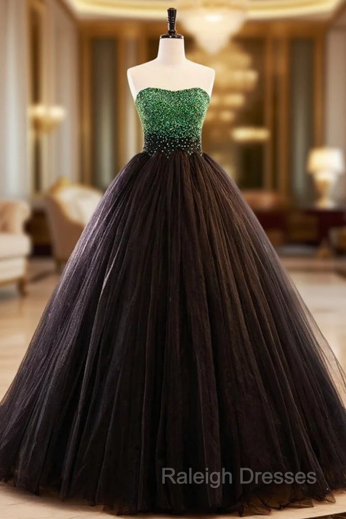 Black Tulle Strapless Green Beading Prom Dress Main image