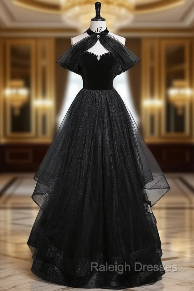 Black Tulle Strapless Prom Dress Detachable Neck