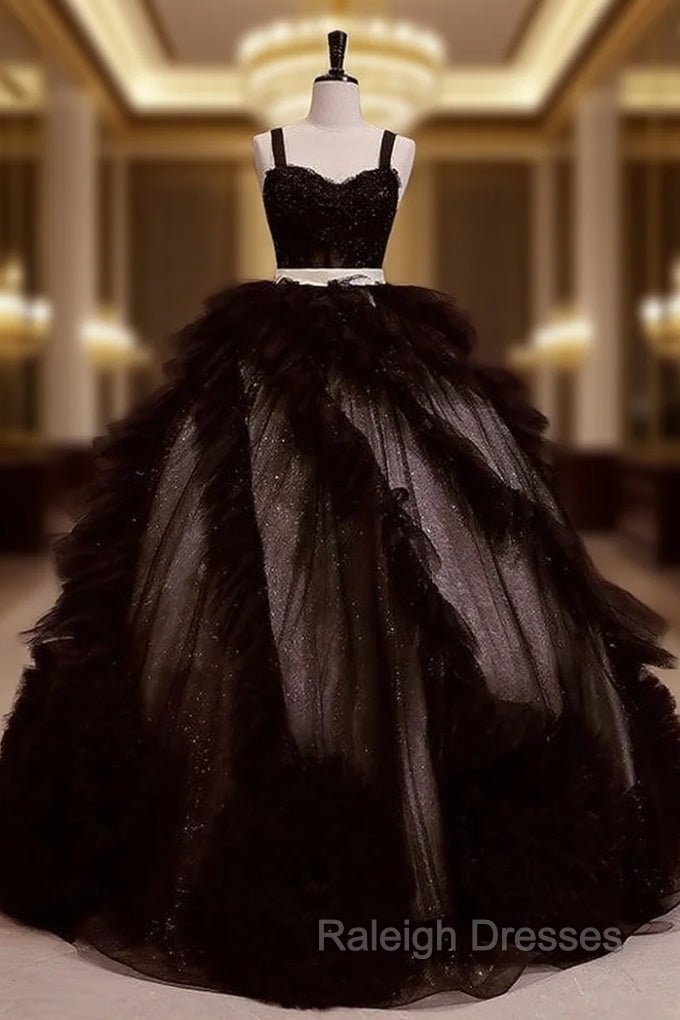 Black Tulle Straps Sequins Quinceanera Dress