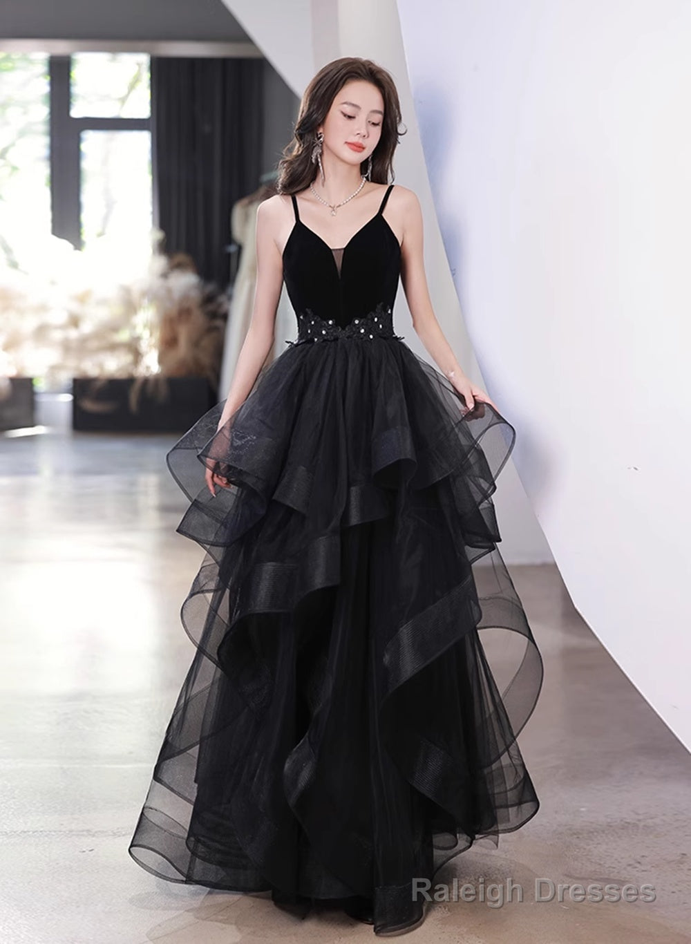 Black Tulle Straps V-Neckline Beaded Long Formal Dress, Black A-Line Prom Dress Secondary image