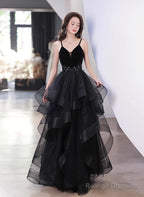 Black Tulle Straps V-Neckline Beaded Long Formal Dress, Black A-Line Prom Dress