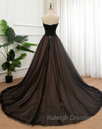 Black Tulle Sweetheart A Line Formal Dress with Lace, Black Long Prom Dress