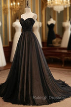 Black Tulle Sweetheart A-line Formal Dress with Lace, Black Long Prom Dress
