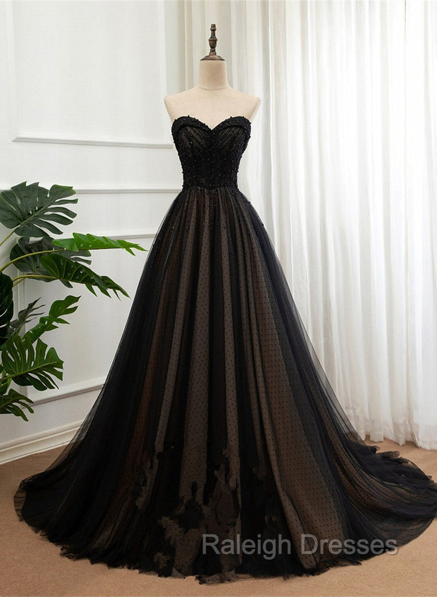 Black Tulle Sweetheart A-line Formal Dress with Lace, Black Long Prom Dress Main image
