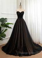 Black Tulle Sweetheart A-line Formal Dress with Lace, Black Long Prom Dress