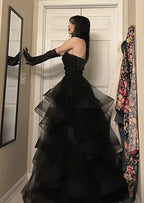Black Tulle Sweetheart Layers Long Prom Dresses Black Tulle Long Prom Dresses