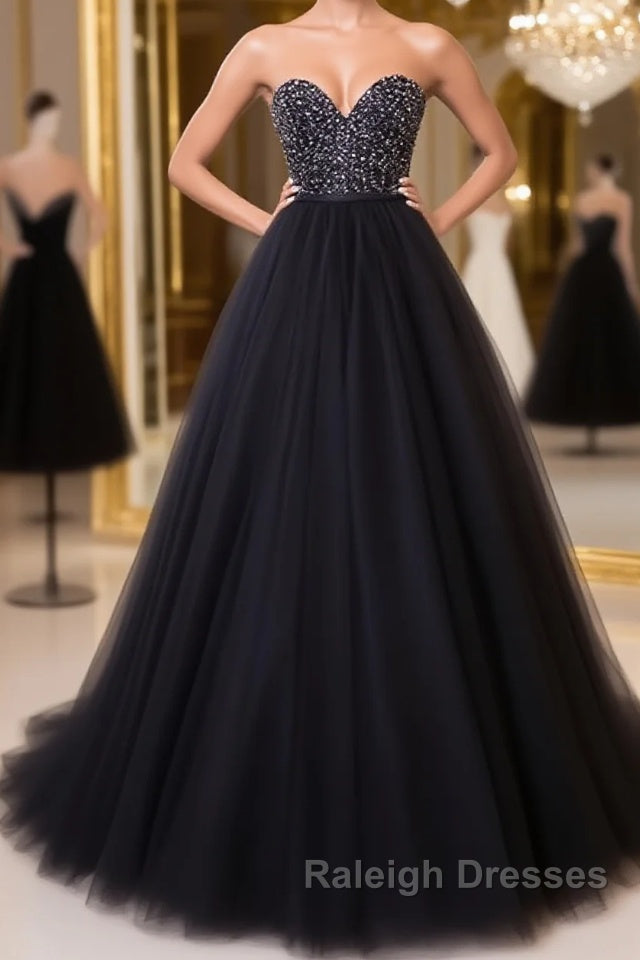 Black tulle sweetheart neck long prom dress, black evening dress