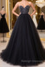 Black tulle sweetheart neck long prom dress, black evening dress