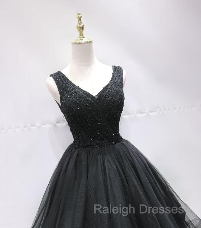 Black Tulle V Back Beaded Knee Length Homecoming Dresses Black Short Prom Dresses
