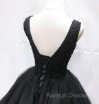 Black Tulle V Back Beaded Knee Length Homecoming Dresses Black Short Prom Dresses