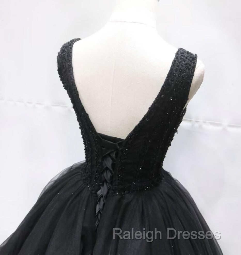 Black Tulle V Back Beaded Knee Length Homecoming Dresses Black Short Prom Dresses