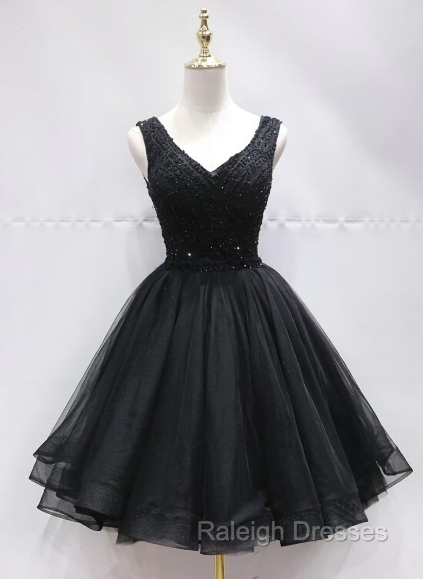 Black Tulle V Back Beaded Knee Length Homecoming Dress, Black Short Party Dress Secondary image