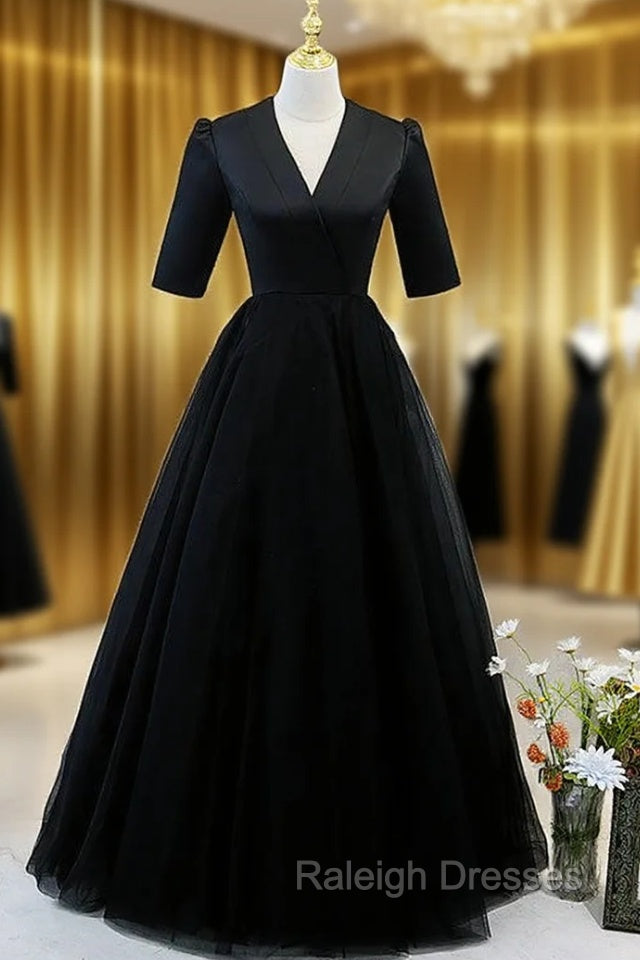 Black Tulle V Neck Short Sleeve Prom Dress Main image