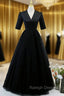 Black Tulle V Neck Short Sleeve Prom Dress