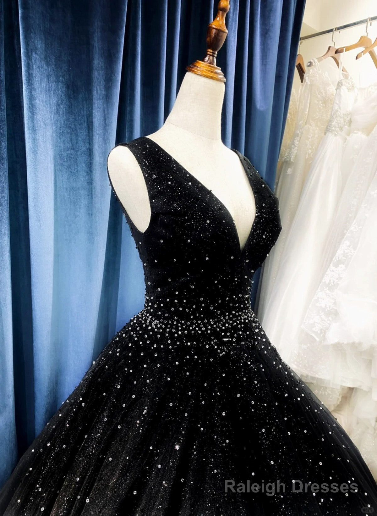 A-line Black and Purple Tulle V-neckline Beaded Prom Dress, Black Tulle Formal Dress