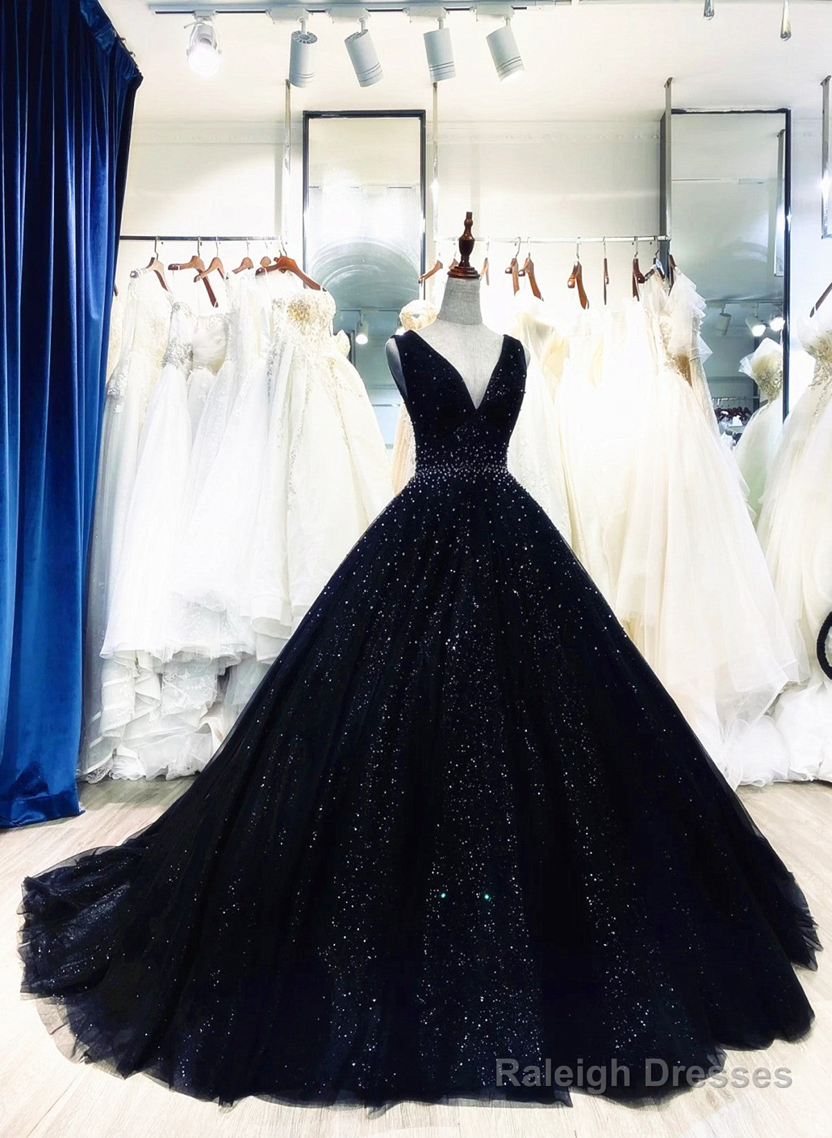 Black Tulle V-Neckline Beaded Long Evening Dress, Black Tulle Formal Dress Main image