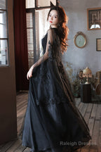Black Tulle V-Neckline Party Dress With Lace Applique, Black A-Line Prom Dress