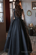 Black Tulle V-Neckline Party Dress With Lace Applique, Black A-Line Prom Dress