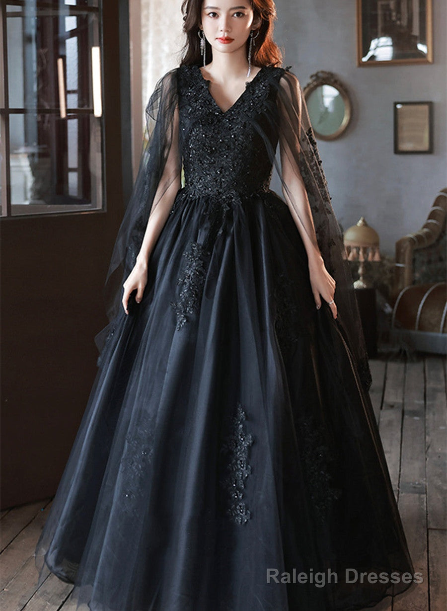 Black Tulle V-Neckline Party Dress With Lace Applique, Black A-Line Prom Dress