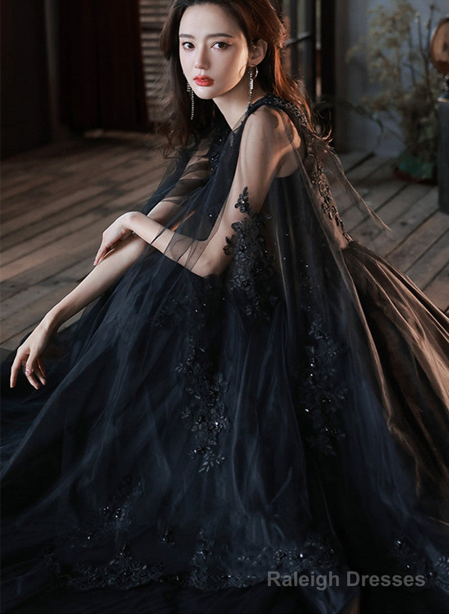 Black Tulle V-Neckline Prom Dresses With Lace Applique Black A-Line Prom Dresses