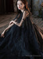 Black Tulle V-Neckline Prom Dresses With Lace Applique Black A-Line Prom Dresses