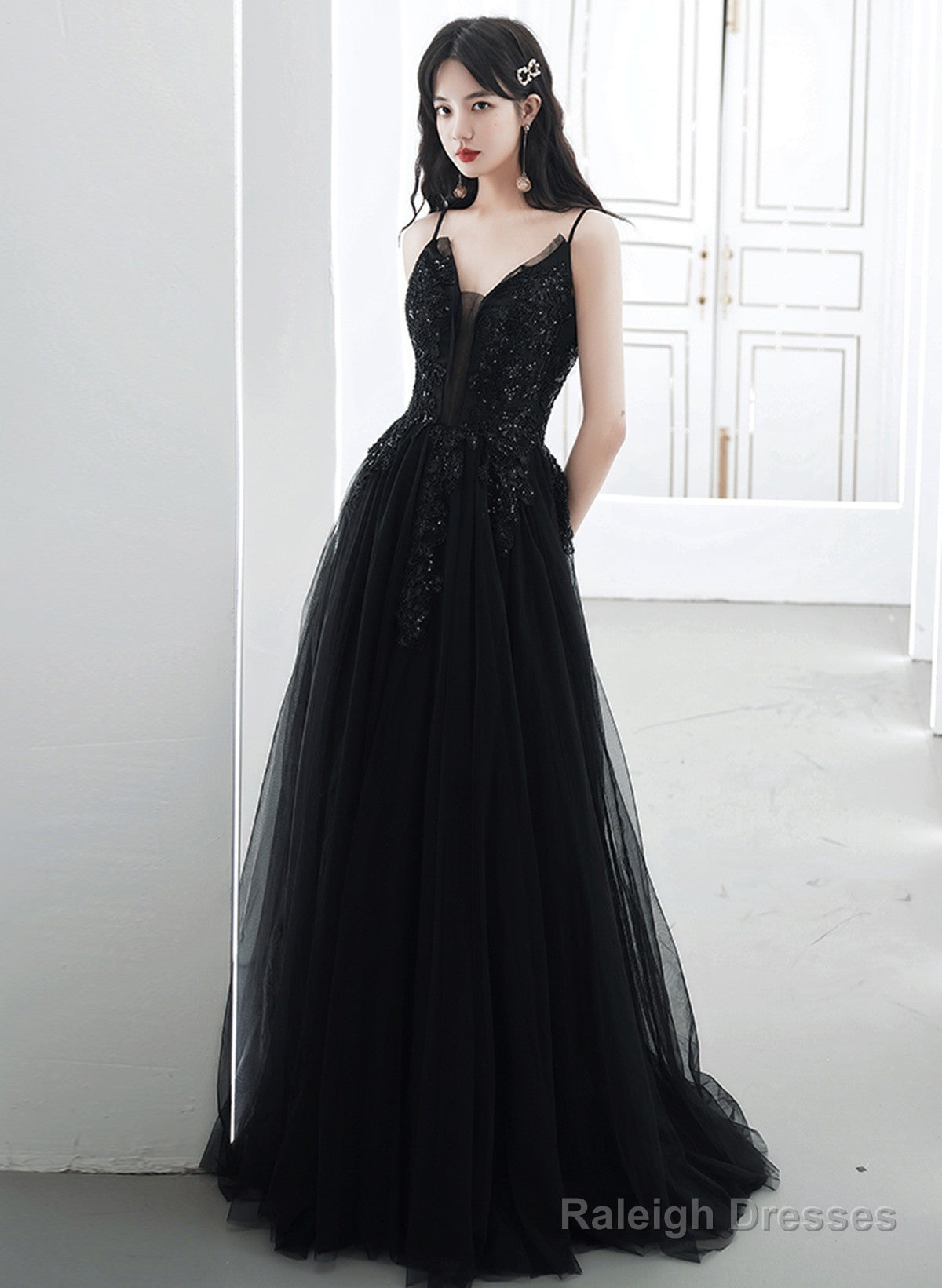 Black Tulle V-Neckline Straps Long Party Dress, Black Beaded Tulle Prom Dress Main image
