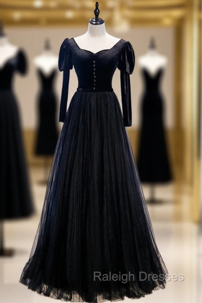 Black Tulle Velvet Long Sleeve Square Prom Dress Main image
