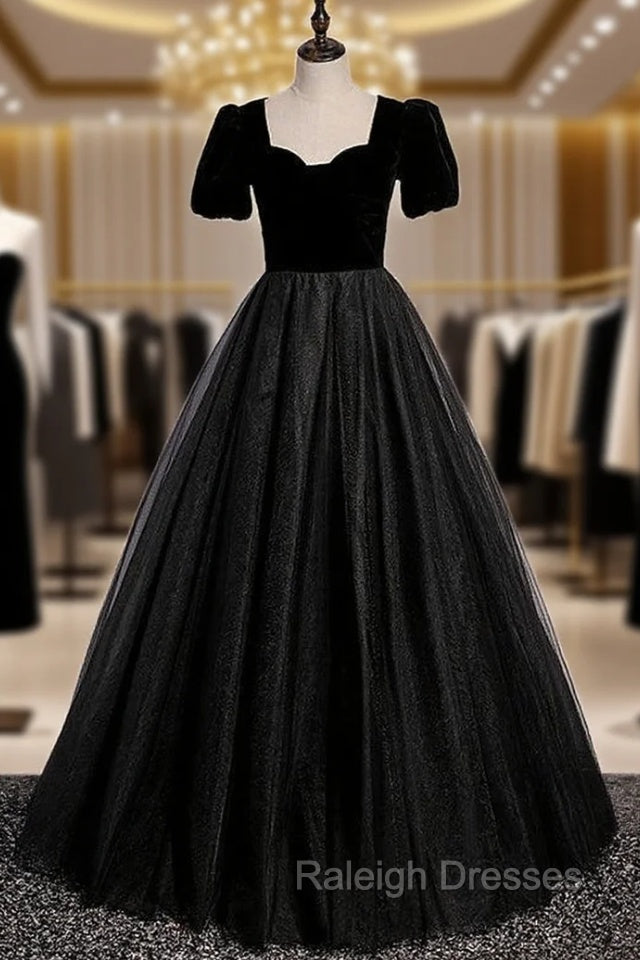 Black Tulle Velvet Short Sleeve Prom Dress