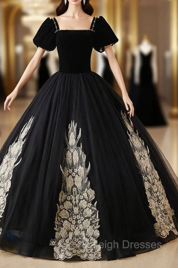 Black Tulle Velvet Square Short Sleeve Appliques Quinceanera Dress