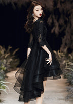 Black Tulle With Lace High Low Prom Dresses Black V-Neckline Homecoming Dresses